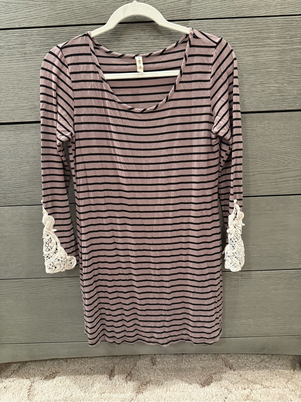 Striped Mauve and Black Crochet-Sleeve Women's Tunic Dress